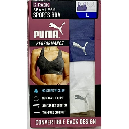 Puma Women's Convertible Seamless Sports Bra 2 Pack, White/Blue Large