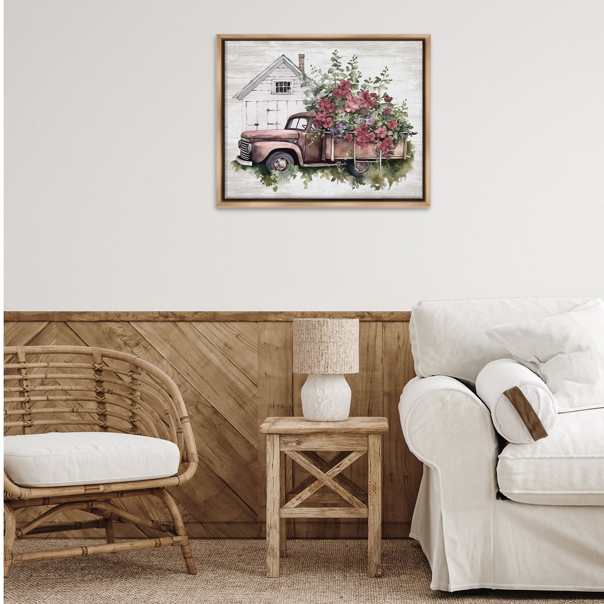 Stupell Industries Burgundy Flowers Truck Transportation Painting Brown Floater Framed Canvas Art Print Wall Art, 31 x 25