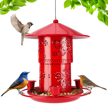 Harigal Metal Bird Feeder for Outside, Squirrel Proof,  Retractable Hanging Feeder with Large Capacity for Garden, Yard & Patio, Red
