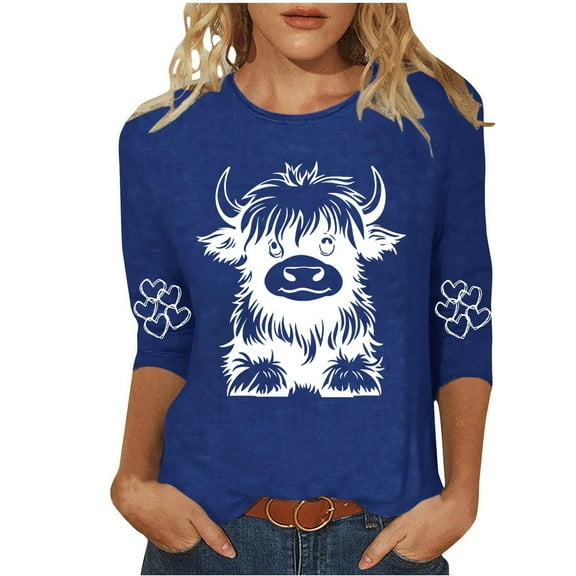 SOOMLON 3/4 Sleeve Shirts for Women Petite Tunic Cotton Tops Casual Crew Neck Shirts Funny Animal Graphic T Shirts 2025 Trendy Spring Summer Ladies Tops Loose Fit Y2k Basic Outfits Pullover Blue XL
