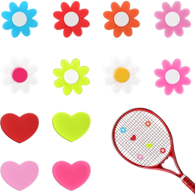 12Pcs Tennis Vibration Dampener, Tennis Racket Shock Absorbers Colorful Flower and Heart-Shaped Silicone Dampener for Tennis Racquet String Dampener