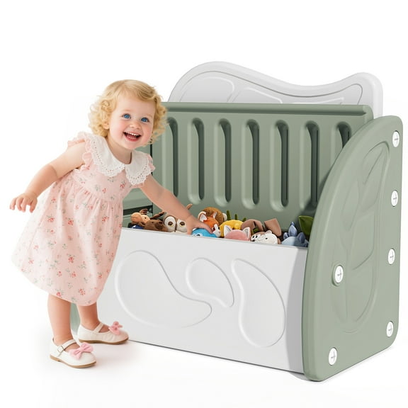 PORKISS Kids Toy Box for Boys Girls, Plastic Toy Storage Organizer with Storage Bench and Leaf Backrest, Modern Toy Chest for Living Room, Toddler Room, Bedroom, Support 176 lbs, Green/Light Grey