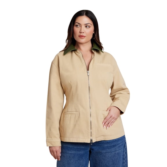 ELOQUII Women's Plus Size Nipped Waist Barn Jacket With Faux Leather Collar