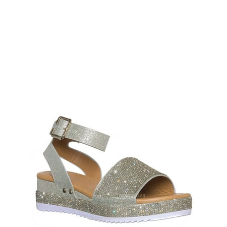 

Luxury96K by Forever Link Kids Rhinestone Glitter Flatform Sandal - Little Girl Crystal Platform
