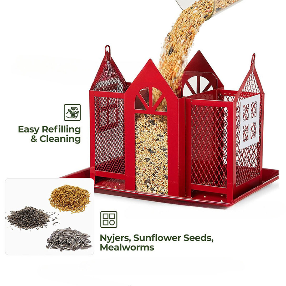 Bird Feeders for Uutdoors Hanging, Bird Houses for Outside, Metal Mesh Wild Bird Feeder with 3 Feeders for Finch Cardinal Chickadee, Large Capacity, Weatherproof and Durable