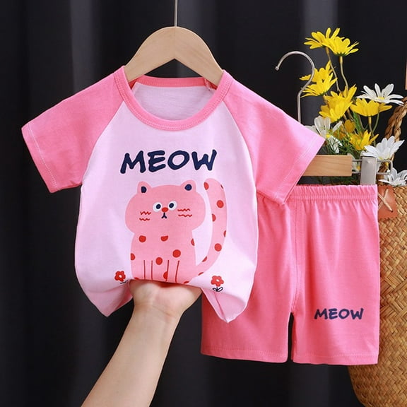 Toddler Boy Pajamas Kids Toddler Boys and Girls Summer Cotton Breathable Soft Pajama Sets Loungwear with Car Bear Kitten Print Kids' Pajamas Pink1 3 Months-6 Months