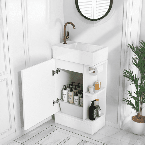 MIDODO Bathroom Vanity with Sink, 18.6" Freestanding Bathroom Vanity Cabinet with Toilet Paper Holder & 1 Door