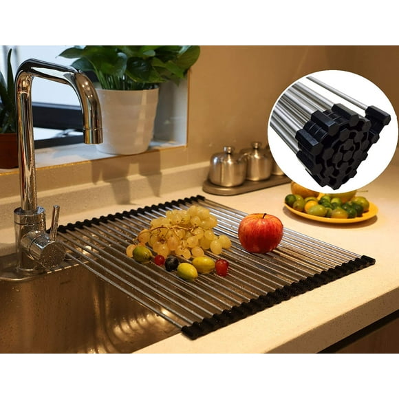 SHUYUE Roll Up Dish Drying Rack Over The Sink Dish Drying Rack Portable Stainless Steel Rolling Rack Kitchen Rolling Dish Drainer Sink Rack Mat Dish Racks for Kitchen Sink counter (Black)