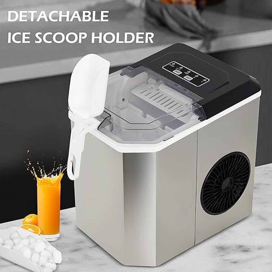 Countertop Ice Maker, Portable Stainless Steel Machine with Scoop Holder, Self-Cleaning, 26Lbs in 24Hrs, 9 Cubes in 6 Mins, 2 Sizes of Bullet Ice Cubes for Home Office Camping Boating RV