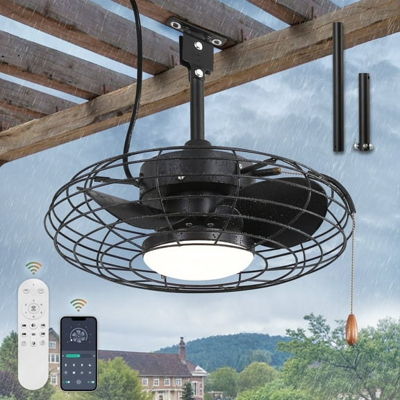 Zardon 18" Black Gazebo Fan for Patio, Outdoor Ceiling Fan with Light and Remote, Caged Ceiling fan, Quiet DC Motor and Waterproof with Pull Chain for Porch, Pergola Canopy, App Control