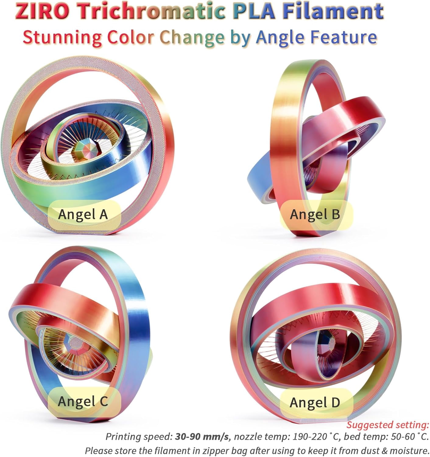 PLA Filament, Triple Color Coextrusion Silk 3D Printer Filament 1.75mm, for 3D Printer Pen, Shine Multicolor PLA Rainbow 1kg Spool, Aurora (Silky)