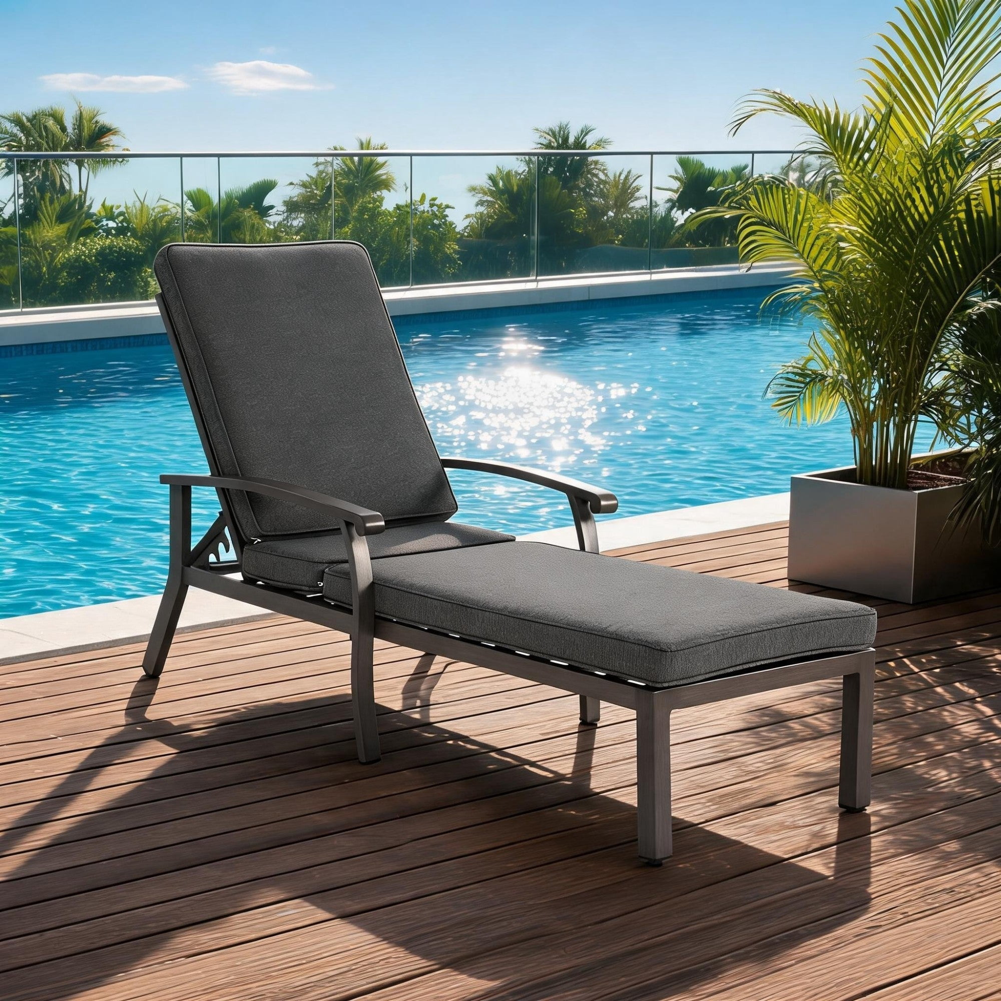 Sailvan Cast Aluminum Outdoor Chaise Lounge Chair with Thick Cushions,5-Position Adjustable Reclining Patio Lounger Grey