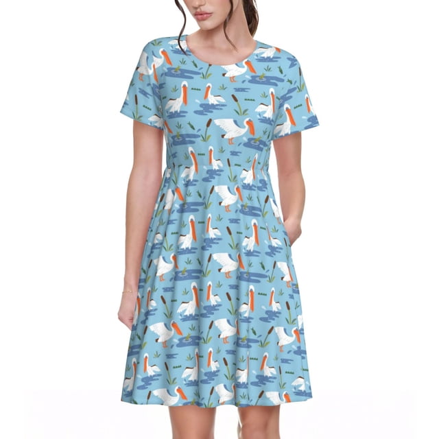 Disketp Pelican Reed And Fish para Vestido de Manga Corta para Mujeres, Vestidos de Verano para Mujeres, Casual y Holgado para la Playa