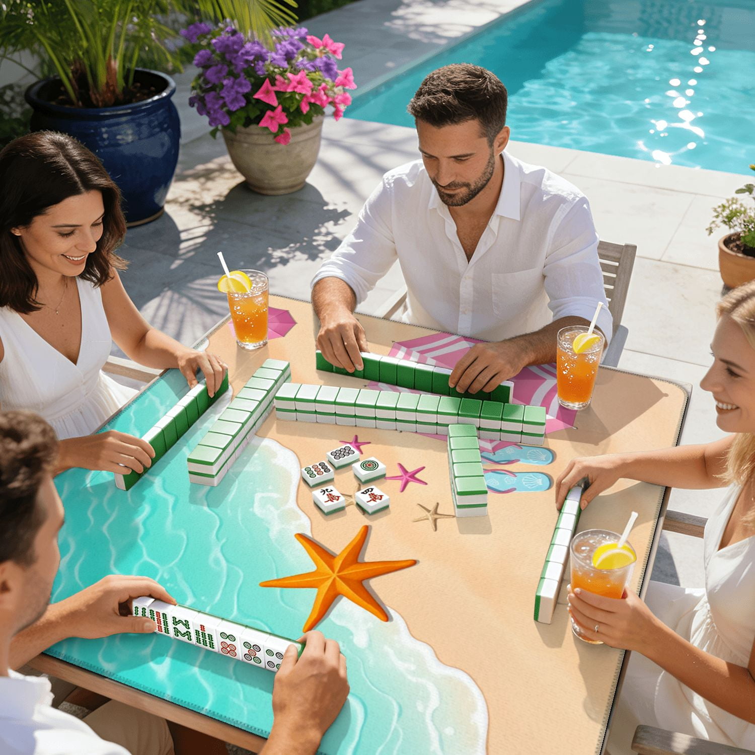 Mahjong Mat 31.5" x 31.5" Beach Scene Starfish Pink Umbrellas Flip Flops Sandy Shore Non-Slip Noise Reduction American Mahjong Tiles Table Cover for Dominoes Poker Card Board Games Gift