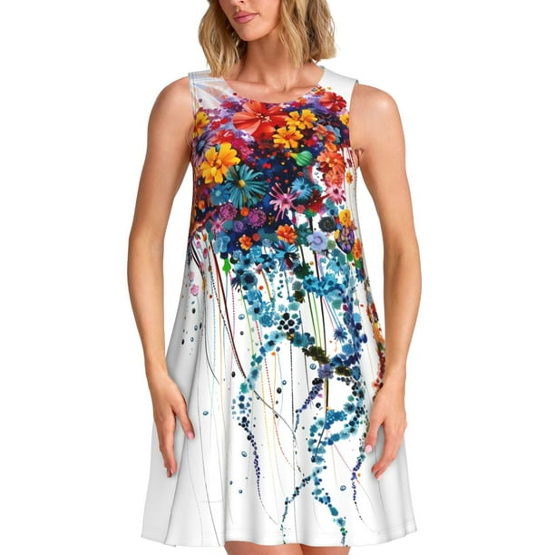 Disketp Colorful Floral Jellyfish para Vestido sin Mangas para Mujeres, Vestidos de Verano para Mujeres, Casual y Holgado para la Playa