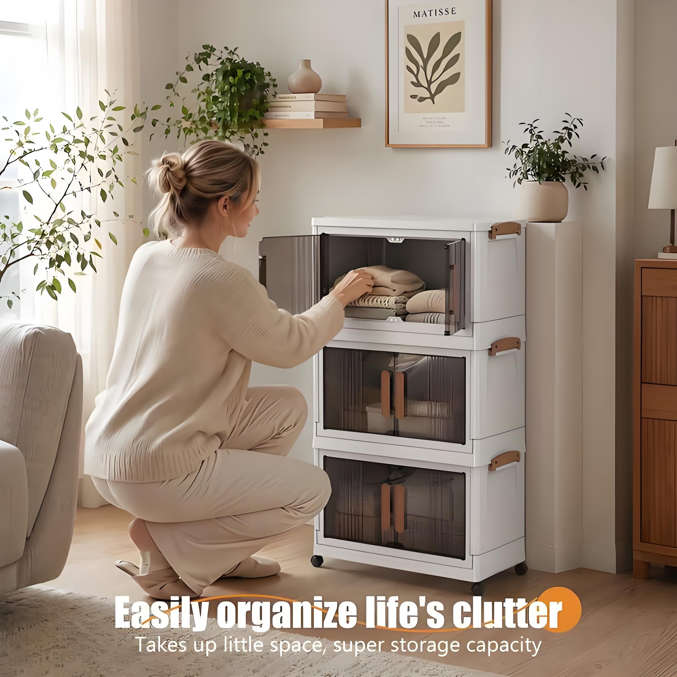 Howcool 4 Tier Stackable Storage Bins with Lids and Wheels, Foldable Storage Boxes with Rolling Casters, Closet, Living Room, Home Office