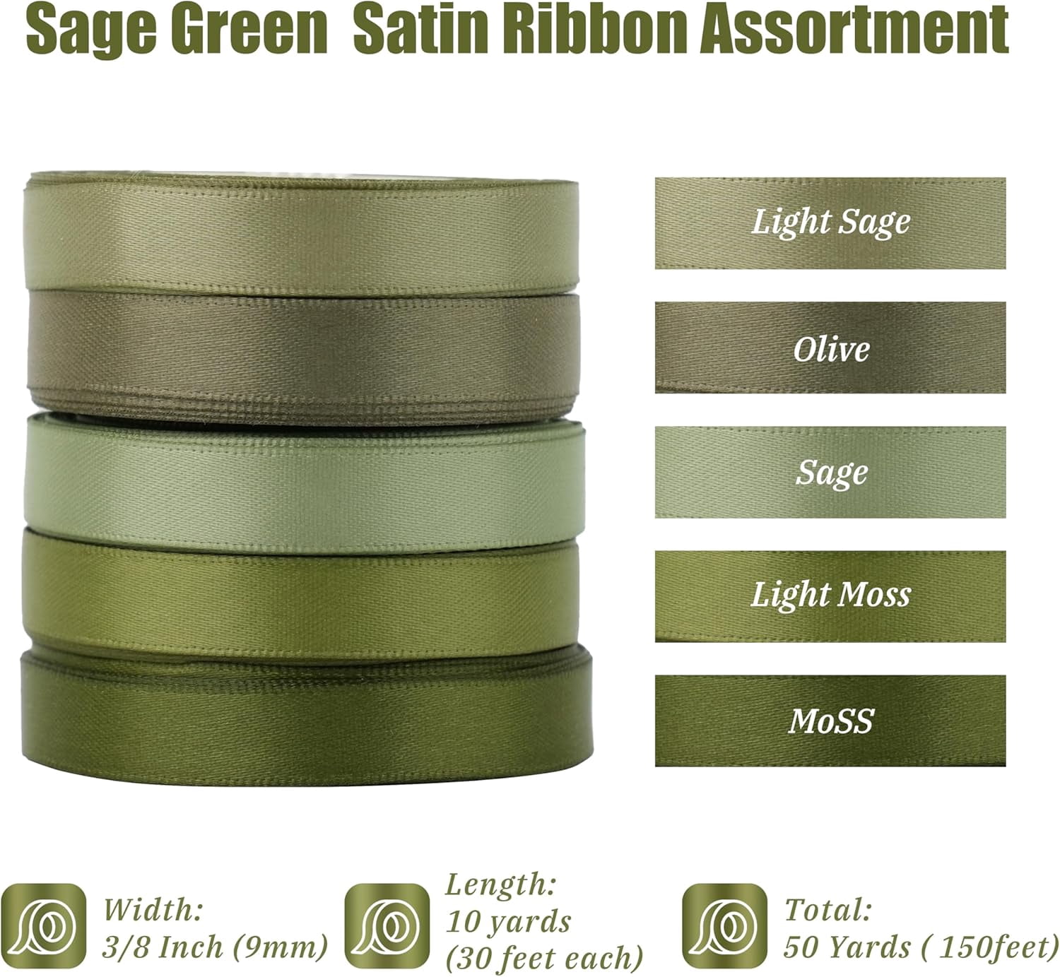Sage Green Satin Ribbon - 3/8 Inch, Moss Green, 5 Rolls, 50 Yards - Perfect for Wedding, Baby Shower, Gift Wrapping, Hair Corsages & Crafts