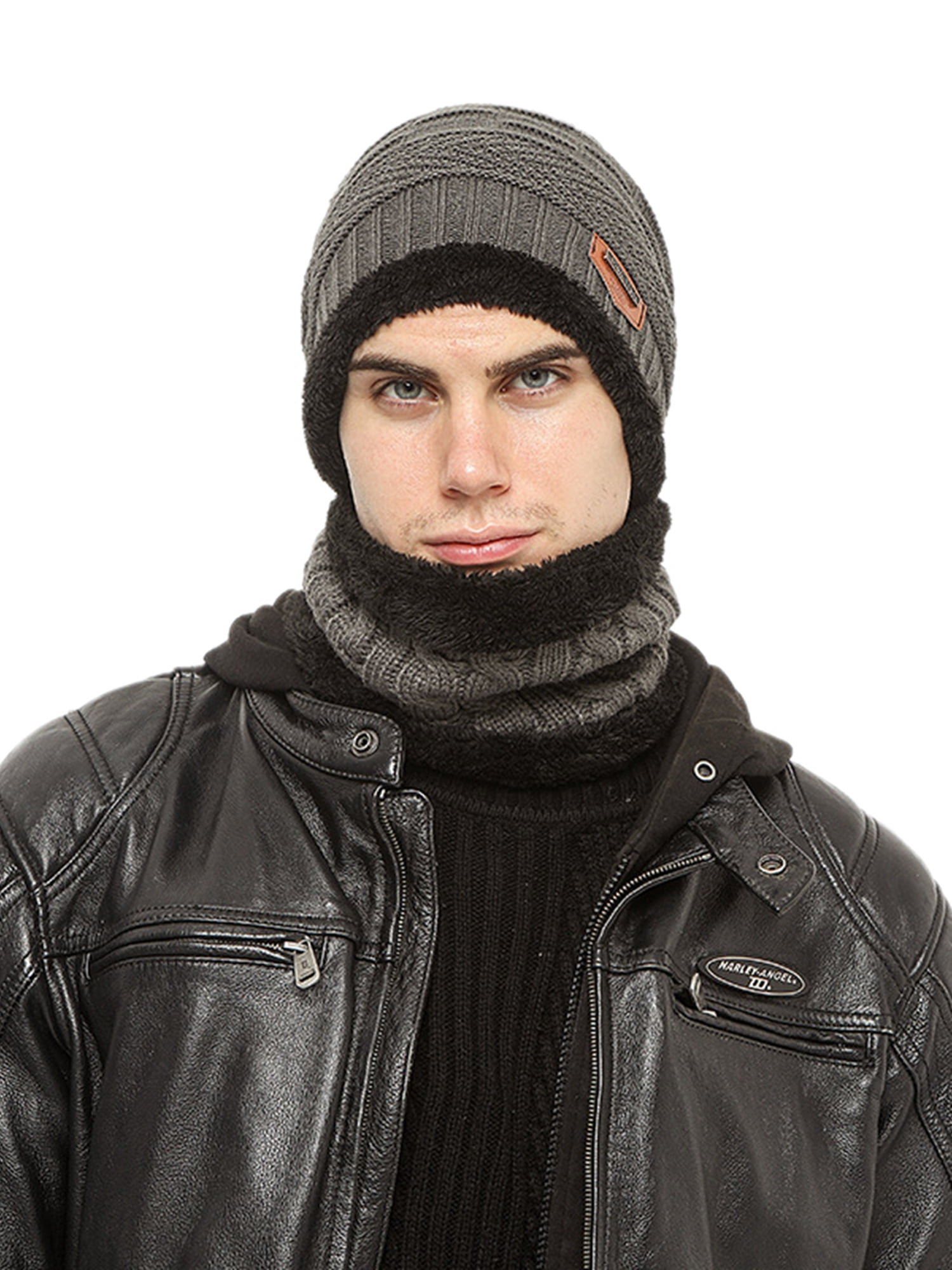 JINSIJU Men's Winter Hats Scarf, Warm Knit Hat Plush Lined Slouchy Cap
