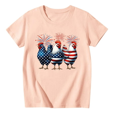 

MQLKF Independence Day Girls T Shirt Summer Round Neck Short Sleeve Top Rooster Flag Print Breathable Comfortable Fashion Casual Beautiful Comfortable Girls Tee
