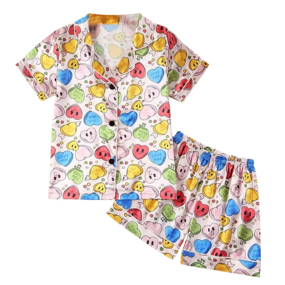HCYSFG Girls Heart Print Outfit Sets 2 Piece Lounge Set Notch Neck Short Sleeve Button Front Shirt And Shorts Matching Sets