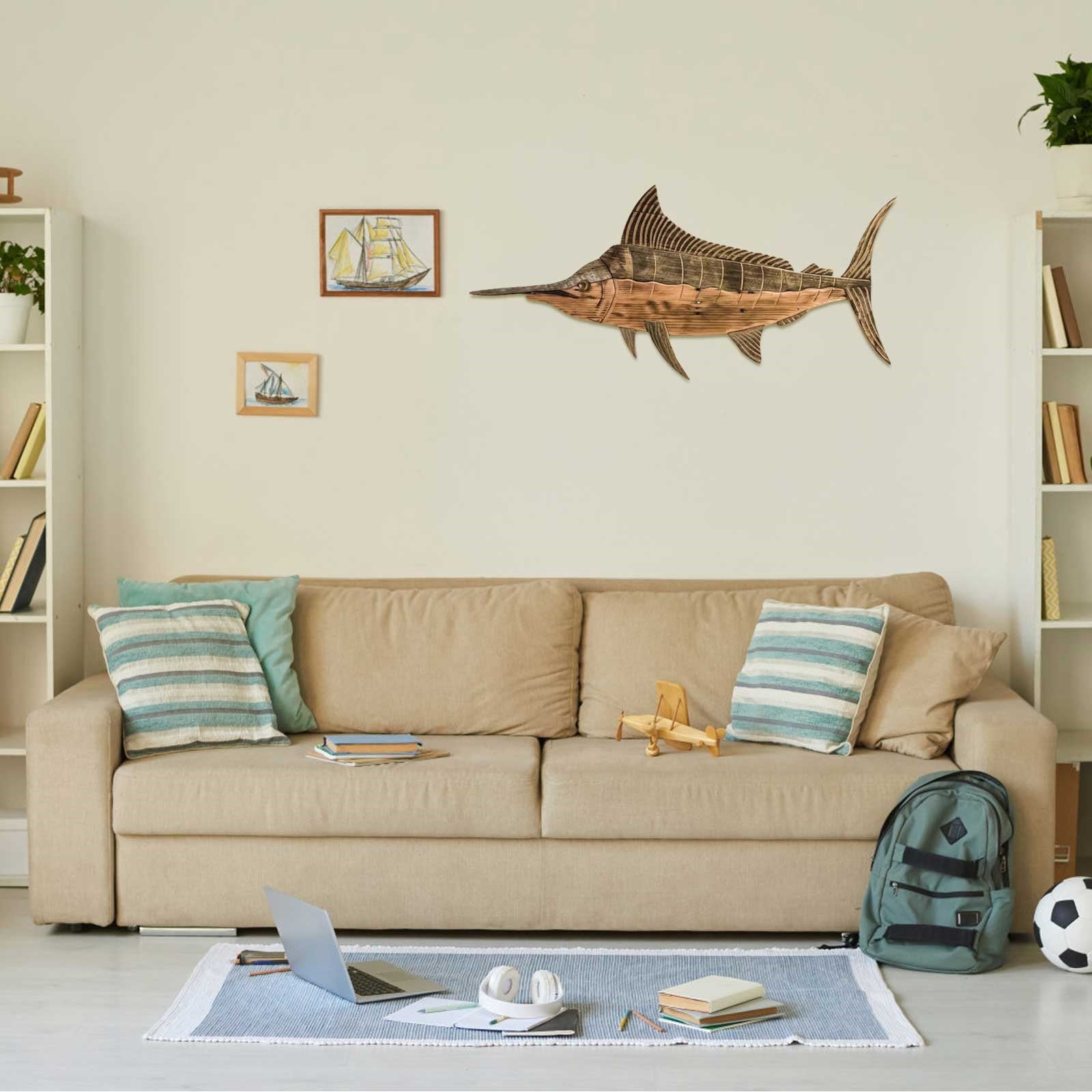 Wooden Marine Animal Wall Hanging, Rustic Nautical Decor for Beach Theme Home, Hand-Carved Whale Shark and Sailfish Sculpture, Coastal Wall Art for Living Room and Nursery (Single Sided)