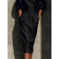 thumbnail image 4 of Womens Elegant Black Midi Dress, Boat Neckline, Puff Sleeves, Pleated Waist, 4 of 6