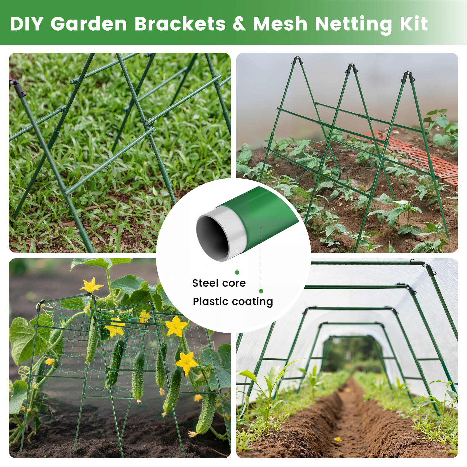 BEAMNOVA Garden Mesh Netting Kit with Support Pole - 8 x 24 ft Plant Cover with Bracket for Vegetable Fruits Flowers Vine Plants Climbing