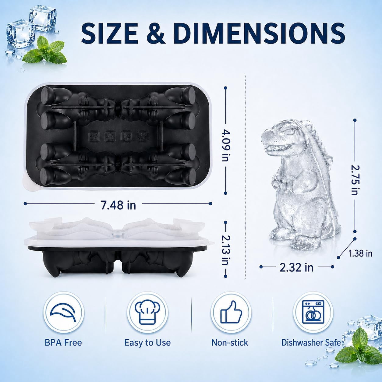 Dinosaur Ice Cube Tray Mold - 3D Dino Shape Ice Cube Trays, Cute Monster Ice Cube Molds for Whiskey Bourbon, 4-Hole Large Fun Shapes Ice Cube Trays with Lid, Funny Dinosaur Gifts for Lovers Women Men