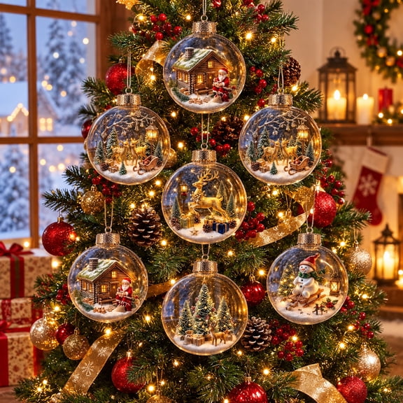 CSSAD 6 PCS Light-Up Christmas Balls, Glowing Christmas Story Ornament Set, Clear Hanging Mini Holiday Scene Decorations Balls with Warm LED Light, Christmas Story Ornament Gifts