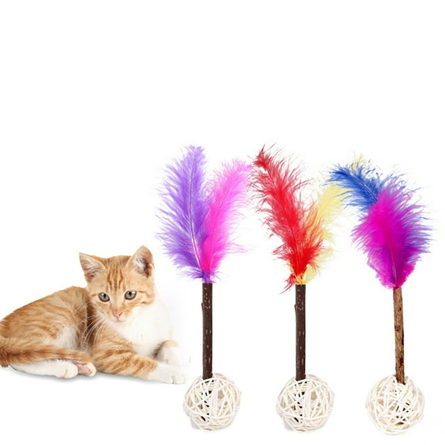 Feather Cat Wand Toy Silvervine Teeth Cleaning Cat Teaser Wand Cat Bell Ball