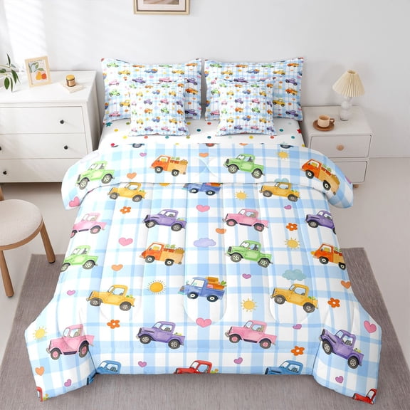 Castle Fairy Watercolor Truck Twin Bedding Sets 7-Piece for Girls, Plaid Check Art Bedding Comforter Set for Bedroom, Blue Green Yellow