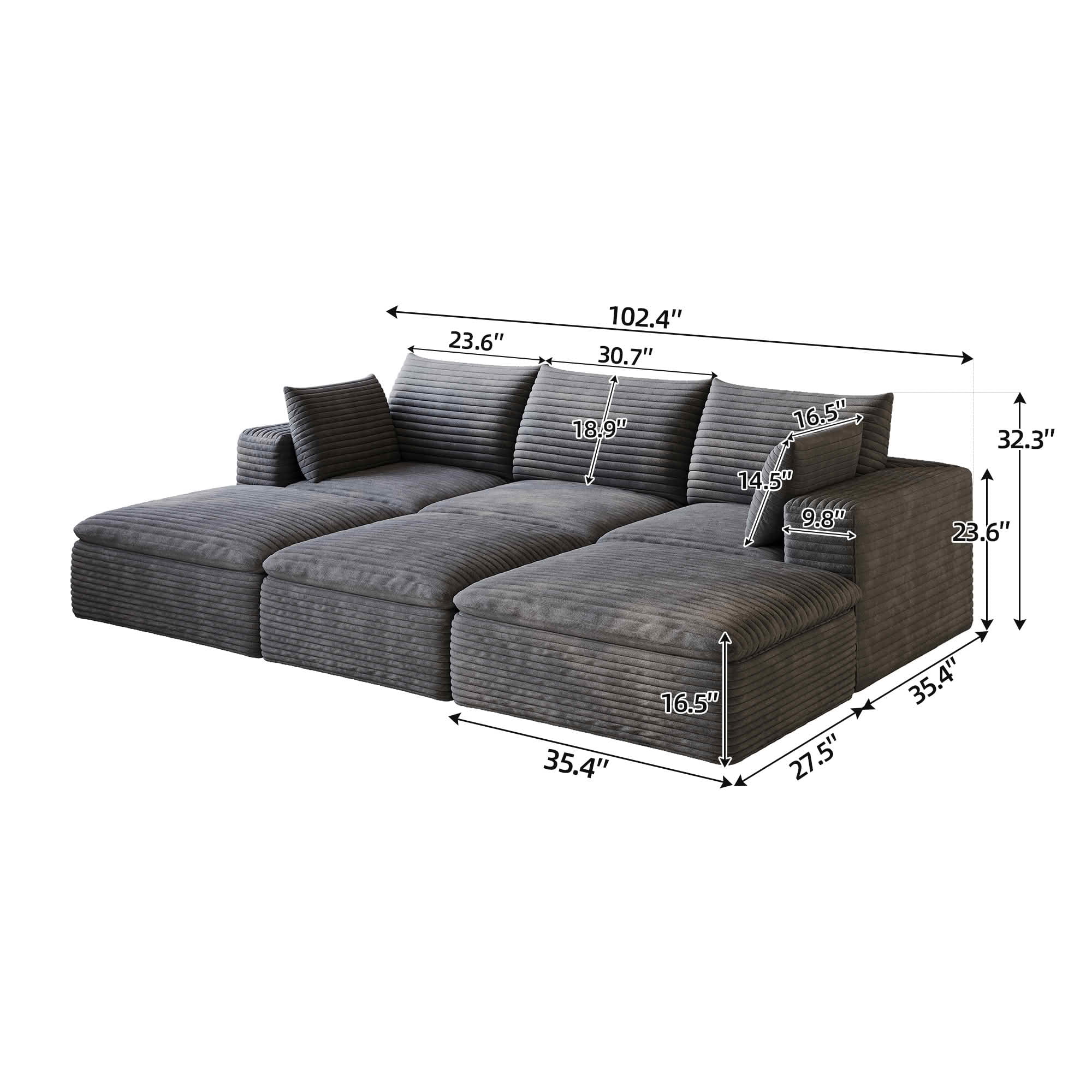 MAYEERTY 102.4 Inch Cloud Modular Sofa, Corduroy Deep Seat Couch with Double‑Layer Removable Cushions, No‑Assembly DIY Combination Sponge Sofa for Living Room Bedroom Conference Room Apartment