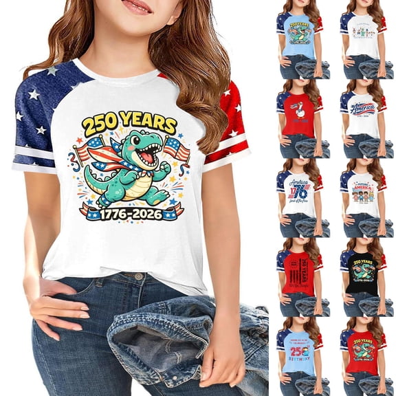 CCRFTGI Usa Flag Shirts for Child Girls Boys Patriotic Freedom 4th Of July Dinosaur American Flag Tshirt Red White and Blue Summer Tops 1776 Tee Tops Green 5-6 Years