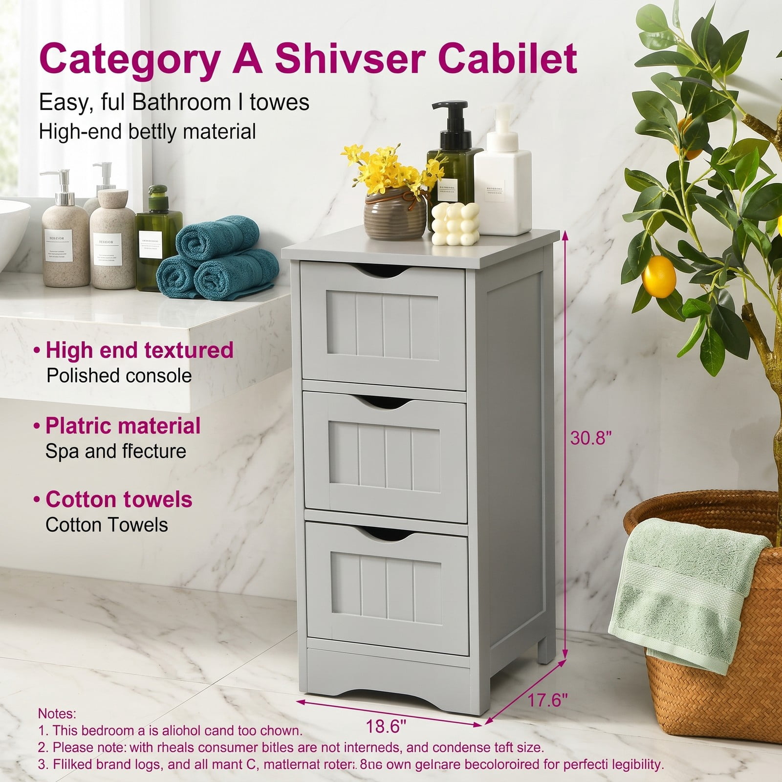 Fenbeli Freestanding Bathroom Floor Cabinet with 3 Drawers, Slim MDF Storage Organizer Tower for Small Bathroom, Bedroom, Entryway, Space-Saving Side End Table, Gray