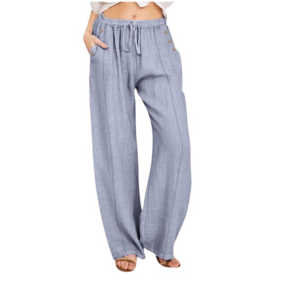 LMKIHUSA Pantalon en Lin pour Femme Grande Taille, Taille Haute Élastique, Pantalon à Jambes Larges avec Poches, Détente Été 2025, Gris, m