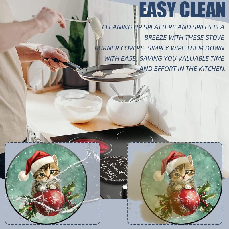 Christmas Gas Stove Burner Covers Set of 4, Christmas Red Ball Cute Kitten Green Xmas Decor Round Mental Electric Stove Burner Covers Range Top for Kitchen, 8 Inches and 10 Inches