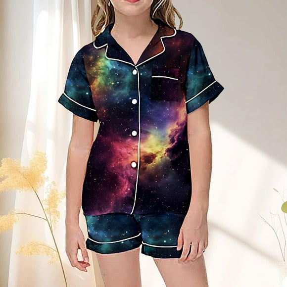 Vêtements de Nuit & Robes pour Filles Ensemble de Pyjama à Manches Courtes à Boutons Imprimés à Thème Étoilé pour Enfants