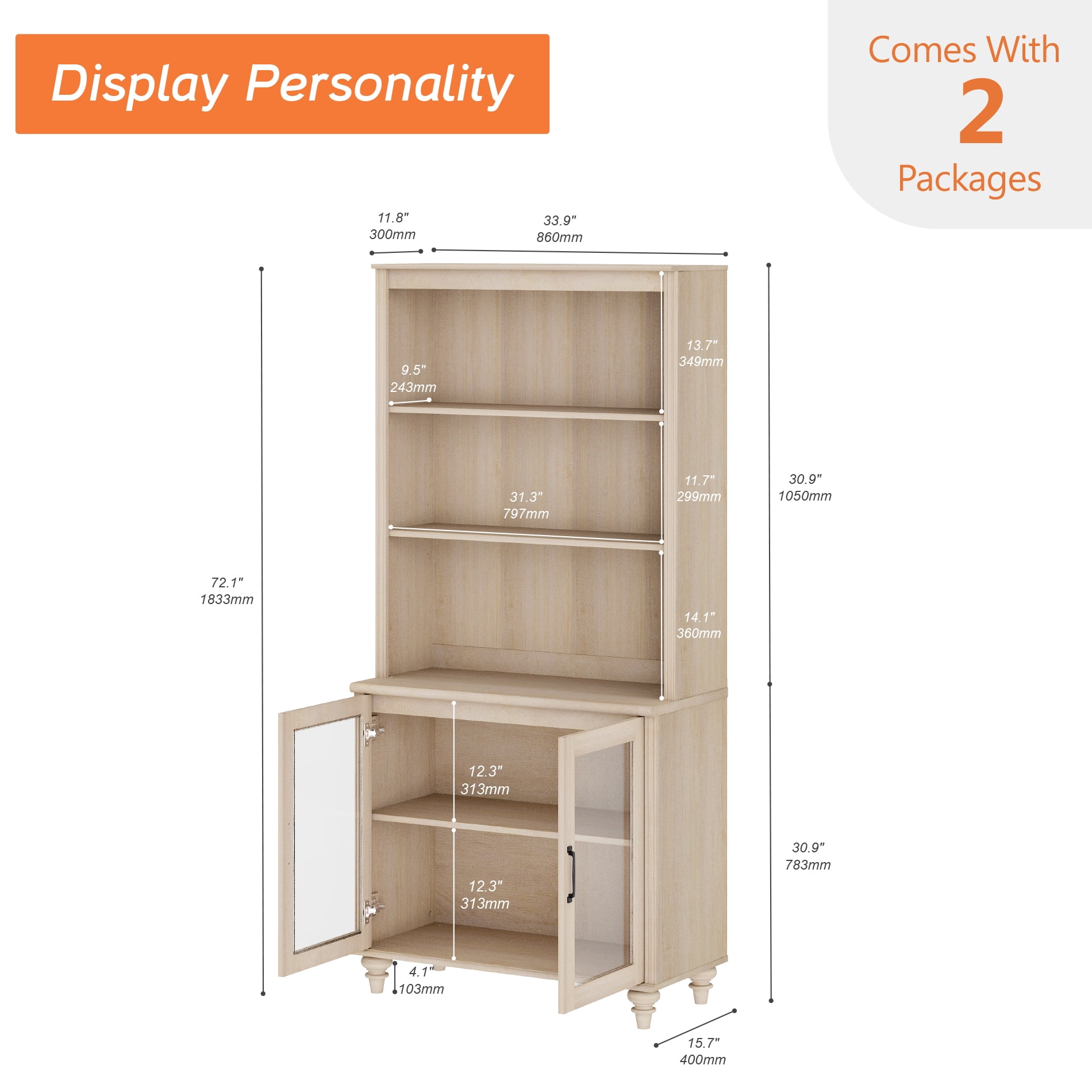Farmhouse 5 Tier Bookcase With 2 Glass Doors, Beige, 33.9" W