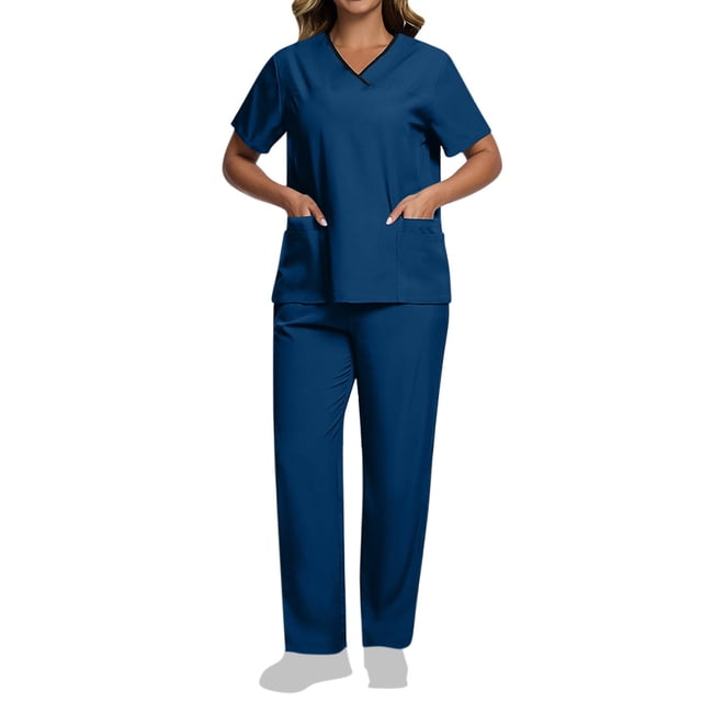 Womens Scrub Set With 10 Pockets Modern Fit Lightweight Stretch V-Neck Top And Cargo Pant Color Block Nursing Uniform Set Blue