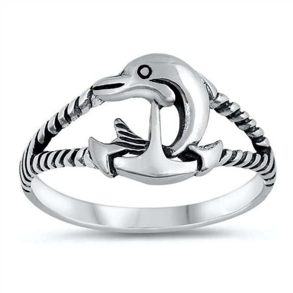 Oxidized Sterling Silver Dolphin With Anchor Rope Ring Size 10