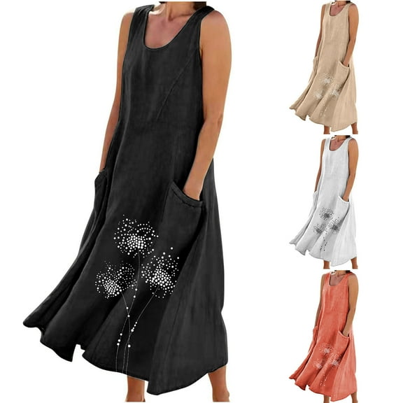 Jacenvly New Plus Size Summer Dresses New Women'S Sleeveless Cotton and Linen Round Neck Printed Long Dress Breathable Leisure Hawaiian Dresses for Women Black