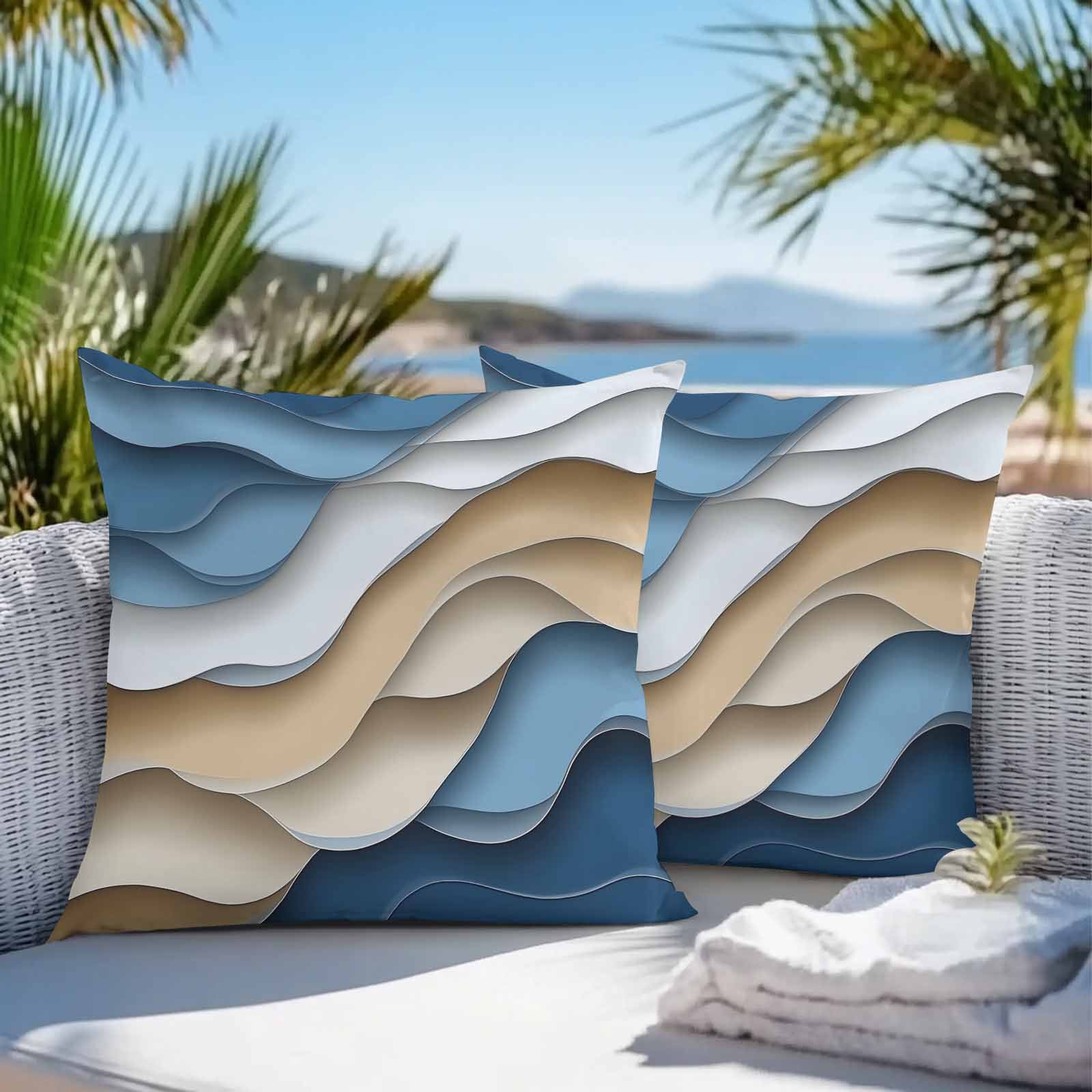Blue Brown Outdoor Pillow Covers 26x26 Inch Throw Pillow Covers Set of 2 Waterproof Decorative Pillow Cases Ombre Aesthetics Geometric Moire Art Cushion Covers for Patio Furniture Garden Couch Sofa