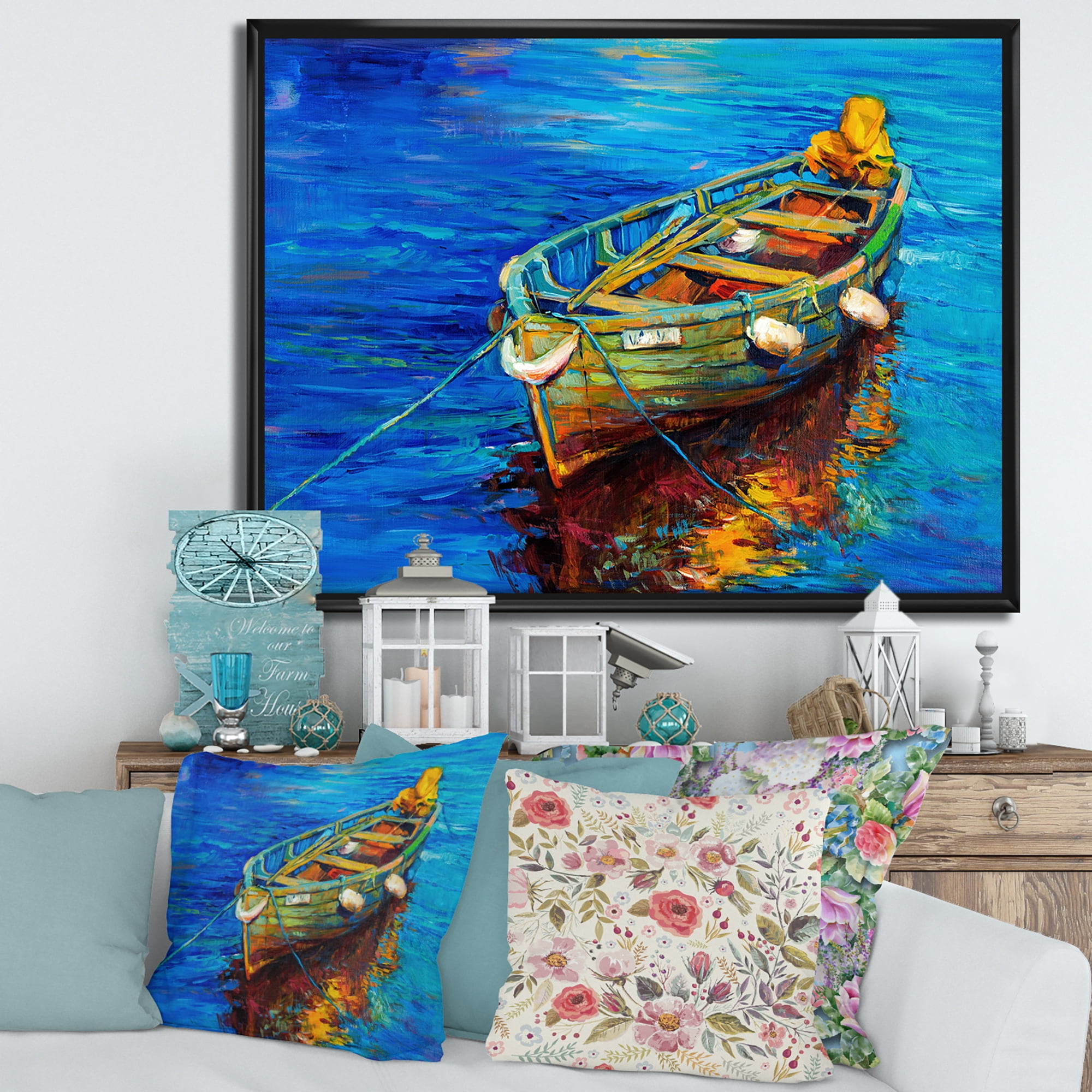 Designart 'Boats During Warm Sunset Resting On The Water IV' Nautical & Coastal Framed Canvas Wall Art Print
