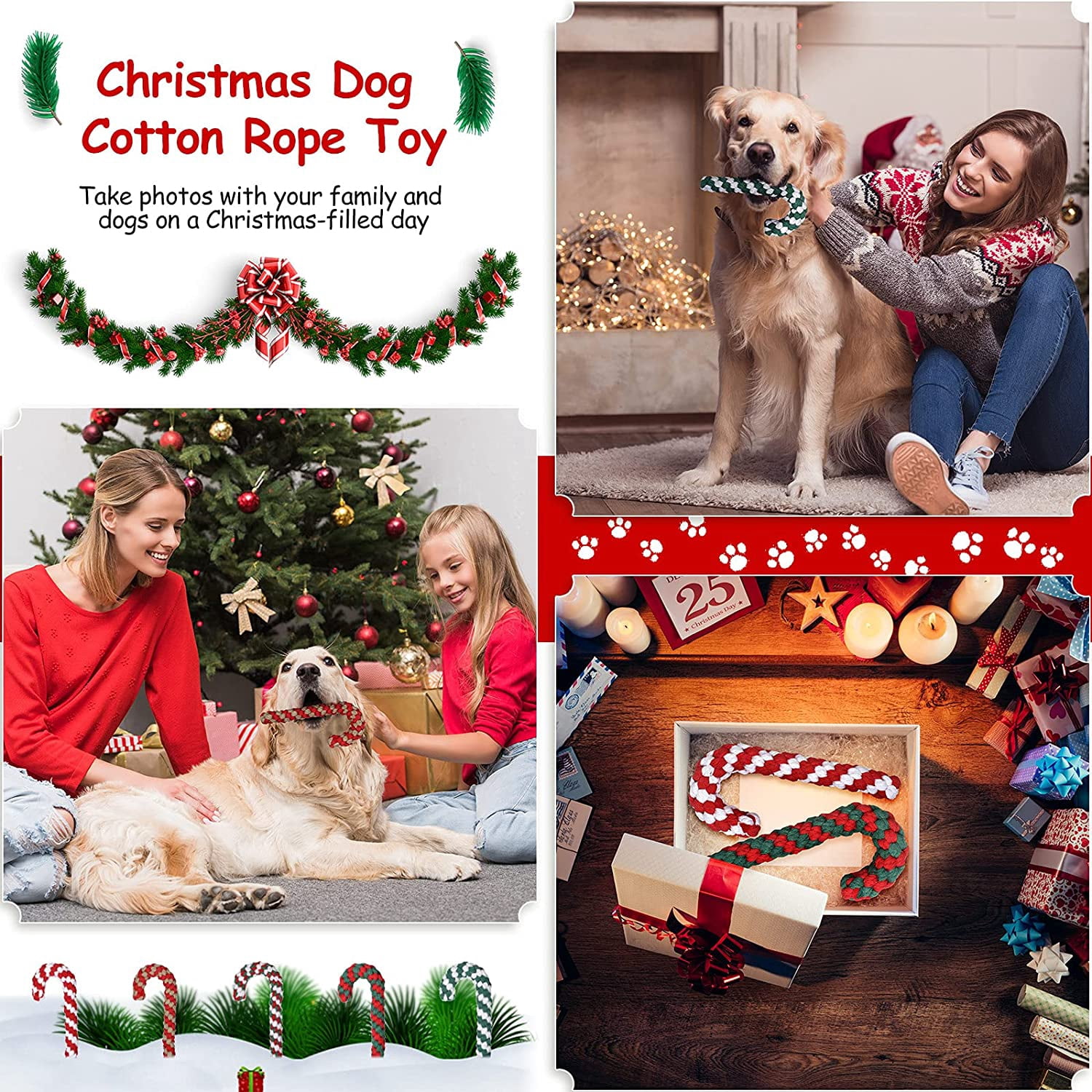 4 Pieces Christmas Dog Rope Toys, Classic Candy Cane Dog Bone Chew Toys, Christmas Pet Chew Rope Toy for Puppy Small Medium Dogs