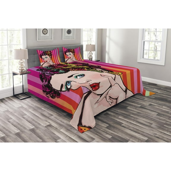 Ambesonne Art Quilted Bedspread Set 3 Pcs, Blue Eyed Woman Pop Art, Queen Size, Red Eggshell Multicolor