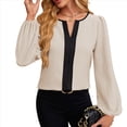 thumbnail image 2 of Blusas Elegantes de Larga para Mujer, con Cuello en V y Bloques de Color, para Negocios y Trabajo, Ropa de Moda para Otoño. Albaricoque XXL, 2 of 10