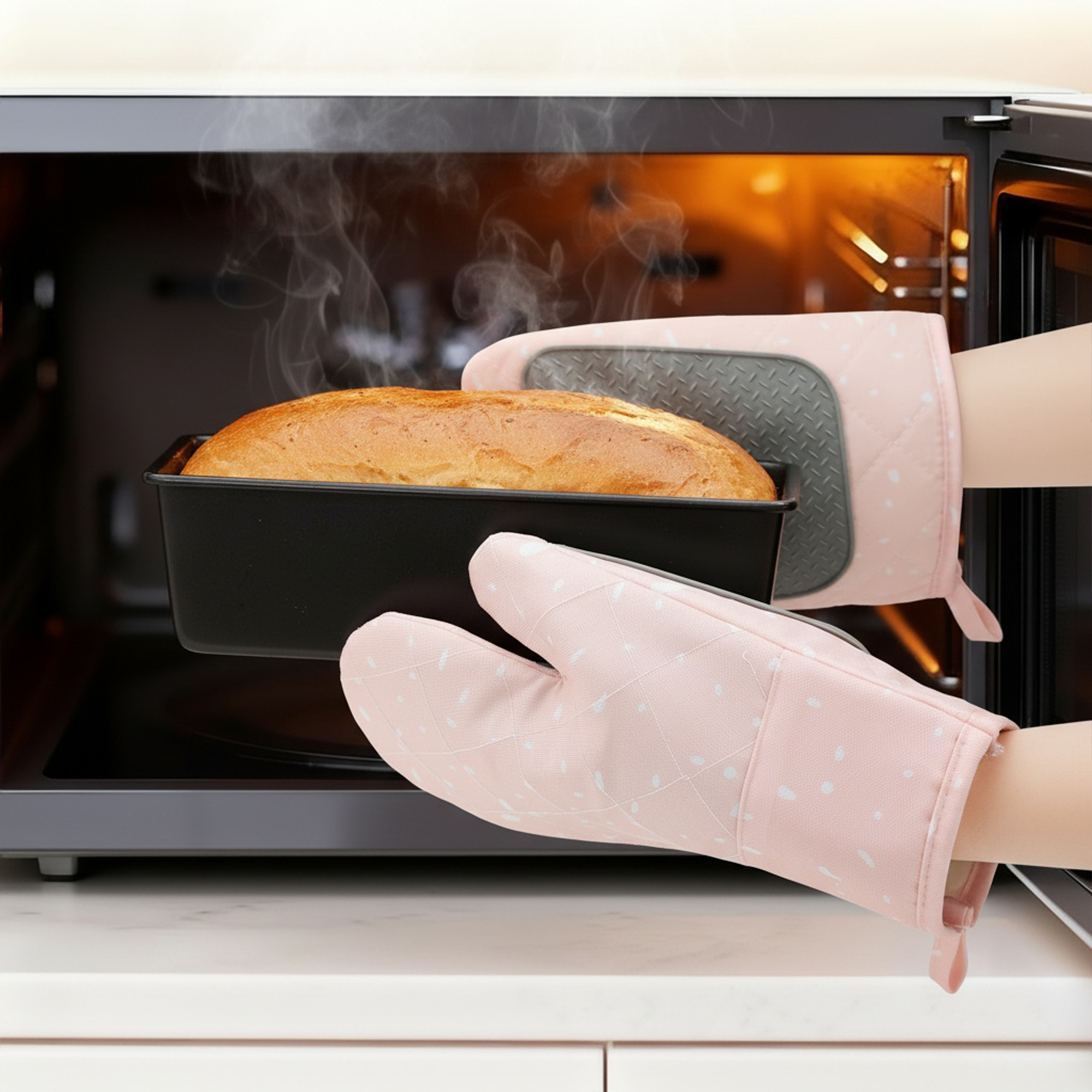 Unique Bargains Heat-Resistant Soft Oven Mitts 2 Pcs Apricot Pink 10.6x5.9 Inch