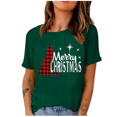 

Plus Size Tops for Women Crop Tops Trendy Woman Plain Christmas Round-Neck Short Sleeve T-Shirt Printed Loose Fit Blouse Tops T Shirts for Women Valentines Day Shirts Women Clearance Green M