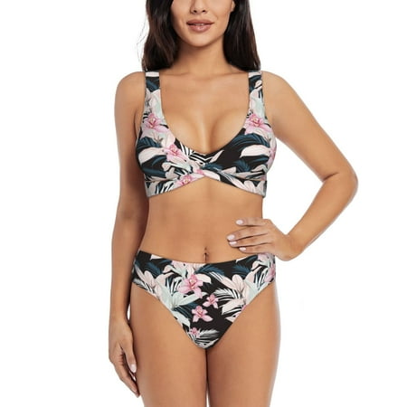 Zeuib Orchids Flowers High Waisted Tummy Control Bikini Set - Knot Front Push Up Top & Cheeky Thong Bottom  Two-Piece Swimsuit for Women-X-Large