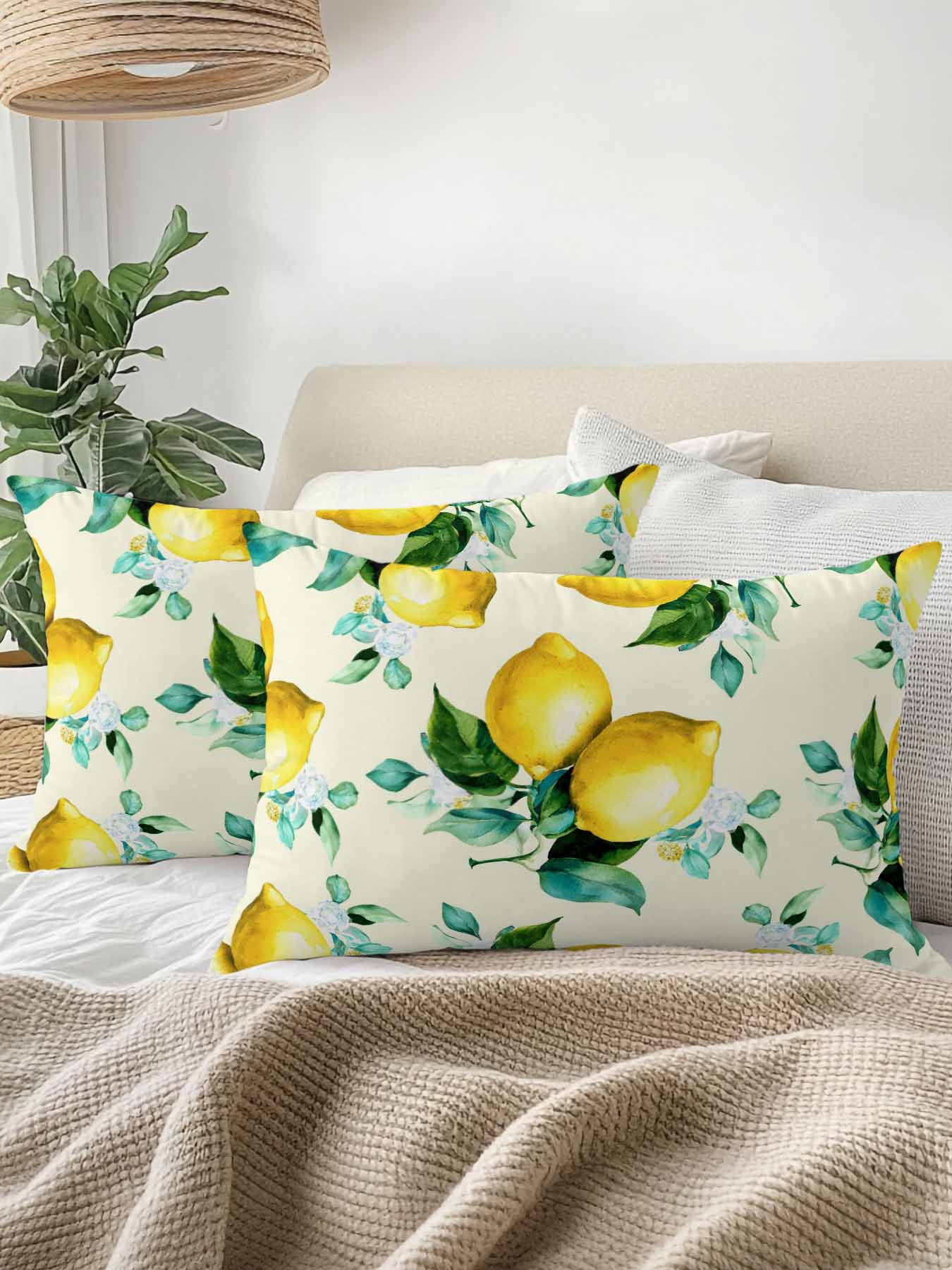1 Pack Outdoor Throw Pillow, Yellow Lemon Waterproof Pillow with Insert Included, Watercolor Green Leaves Fruits Branches Retro Decorative Accent Cushion Lumbar Pillows for Patio Porch, 12 x 20 In